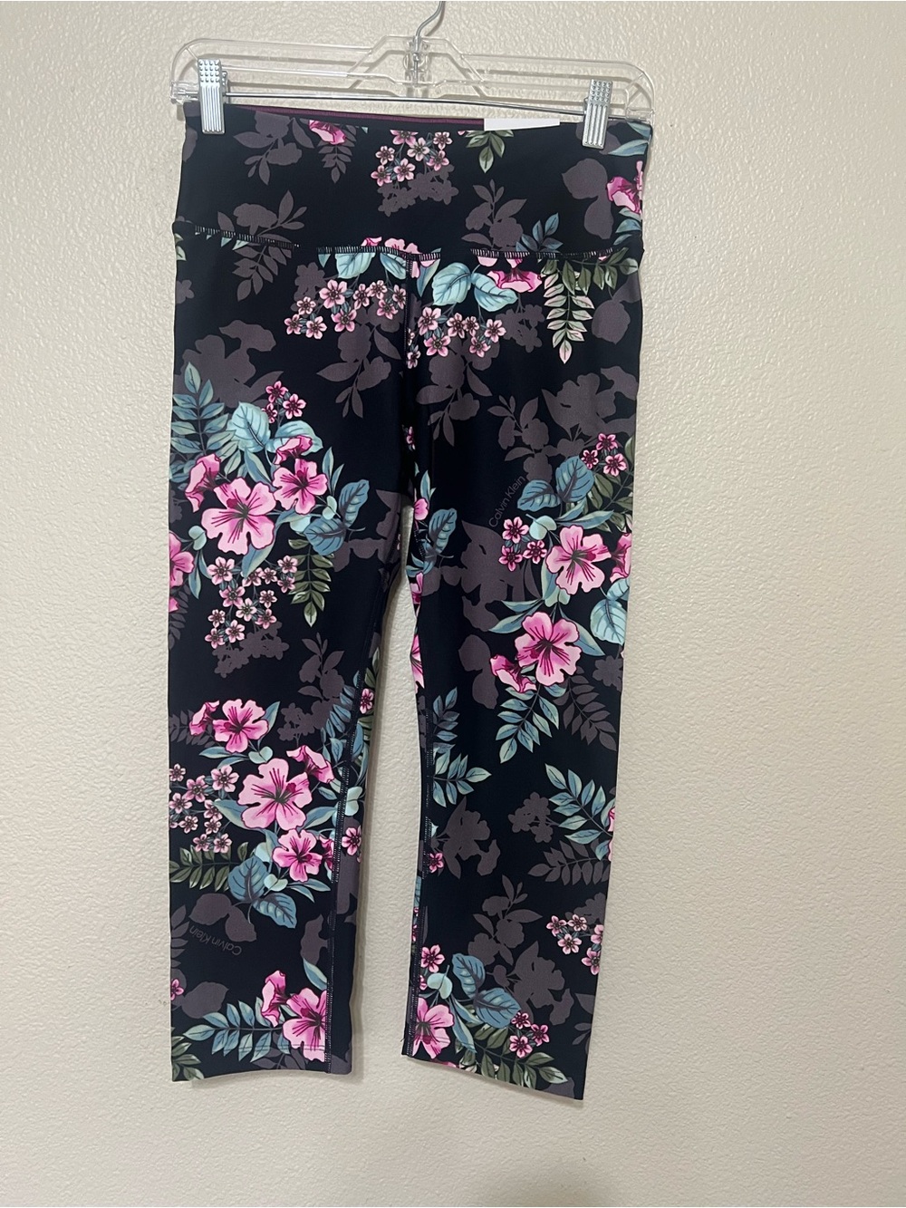 Calvin Klein Performance Black Capri Leggings with Pink & Teal Floral Pattern